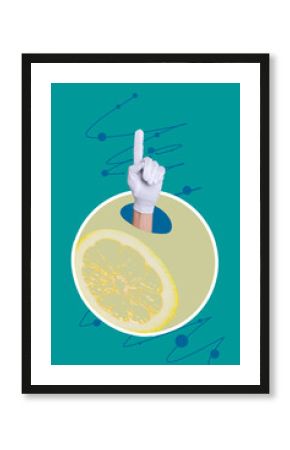 Image vertical 3d collage poster of hand peek orange slice fruit citrus detox nutrition healthy lifestyle soda beverage summer