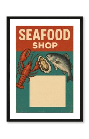 Vintage Seafood Shop Sign Featuring Lobster, Oyster, and Fish Illustrations With Colorful Background