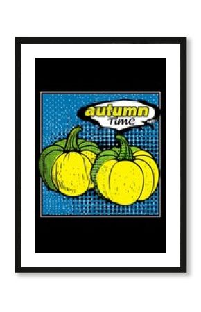 Two ripe pumpkins, bursting with vibrant colors, celebrating the arrival of autumn in a playful pop art style, complete with a speech bubble announcing the joys of fall