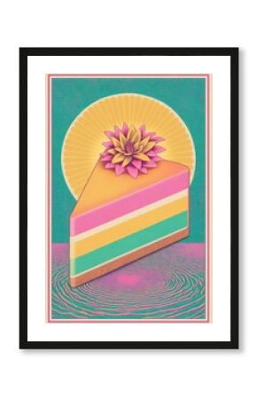 Vibrant 70s-inspired illustration of a layered cheesecake slice adorned with a large flower.  Perfect for menus, posters, or packaging design.