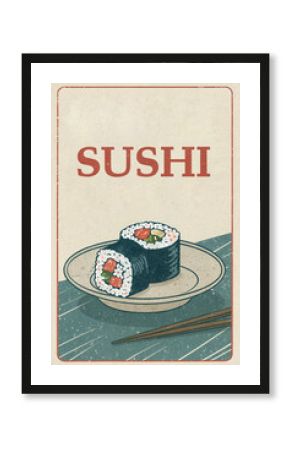 sushi on a plate, vintage old minimalist art japanese food poster