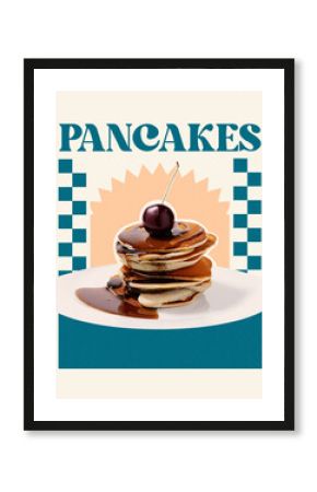 Folk style art collage. Stack of pancakes topped with syrup and glossy cherry on white plate with vintage lettering and checkered blue-orange design. Concept of sweet breakfast, tasty dessert, brunch.