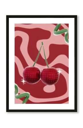 Summer 3D vertical image render cherry disco ball groovy stripes waves textured red pink girly vintage retro vibe mockup copy space advertisement trendy cool neon glowing cartoon poster background
