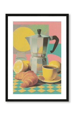 Playful retro poster with moka pot, lemons, croissants, coffee cup and pastel checkerboard background.