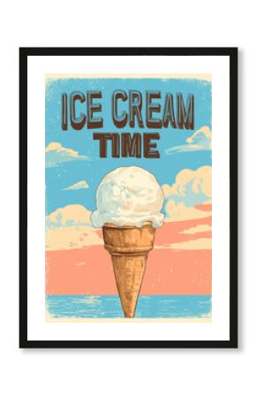 Retro summer poster with typography 'Ice Cream Time', illustrated cone and bright pastel background.
