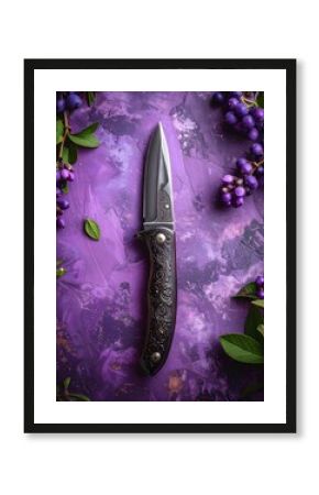Antique pocket knife alongside grapes in vintage poster style with plum purple hand-drawn art