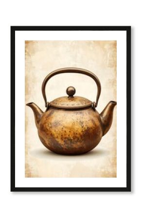 Antique teapot on a table in vintage poster style with hand-drawn details and brown shades