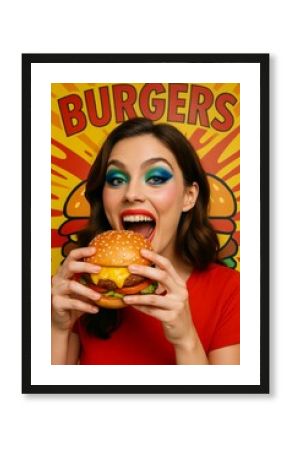 Excited woman BURGERS poster devouring tasty burger in retro pop backdrop