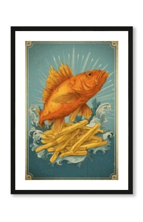 Fish and chips, traditional British meal, poster style illustration