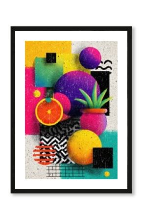 Colorful abstract composition mixing geometric shapes, fruits and plants