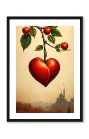  Whimsical Heart-Shaped Cherries on Branch Love, Romance & Nature with Dreamy Landscape Background for Valentine's Day.