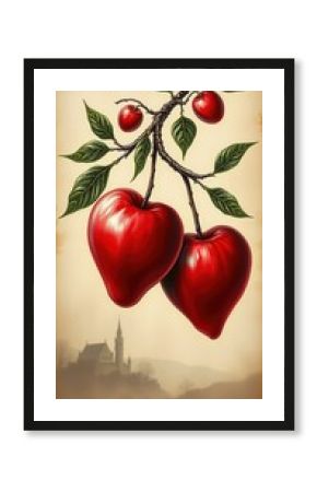  Whimsical Heart-Shaped Cherries on Branch Love, Romance & Nature with Dreamy Landscape Background for Valentine's Day.
