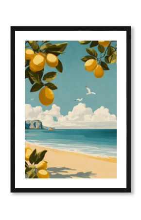 Scenic coastal illustration with lemons hanging over a sunny beach, calm sea, and flying seagulls, perfect for summer-themed posters or travel artwork. 