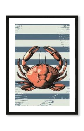 Vintage crab illustration on nautical stripes poster print