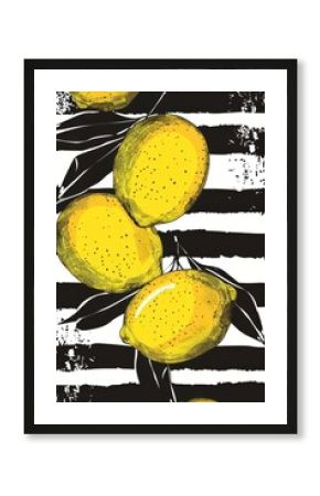 Lemon cluster on black and white stripes poster print