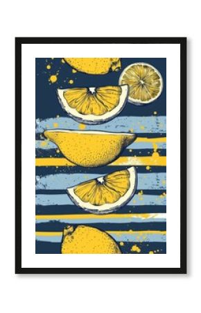 Lemon cluster on blue and white stripes poster print