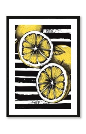 Lemon cluster on black and white stripes poster print