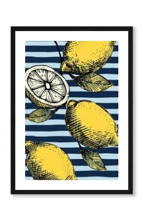 Lemon cluster on blue and white stripes poster print