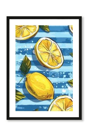 Lemon cluster on blue and white stripes poster print