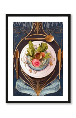 Art Deco illustration of a fine-dining plate with exotic food, gold utensils, symmetrical composition, luxury food experience