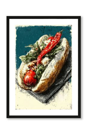 Sketch poster advertising fresh tasty hot dog.