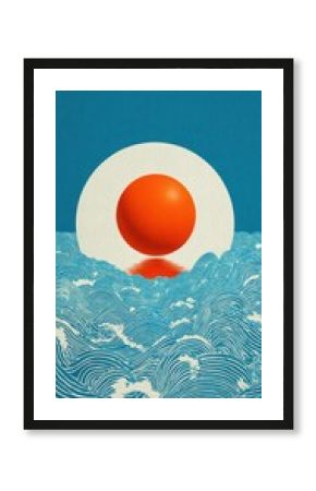 Orange sphere above stylized ocean waves