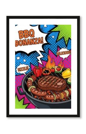 Explosive Pop Art BBQ Bonanza with Sizzling Grill, Steak, Sausages, and Vibrant Comic Bubbles