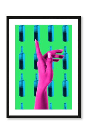 Bold poster. Pink hand making gesture over bright blue wine bottle pattern. Concept of wine promotions, beverage advertising, lifestyle branding, product packaging, and creative marketing visuals.