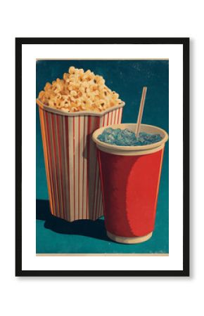 Vintage poster style illustration with popcorn bucket and soda glass
