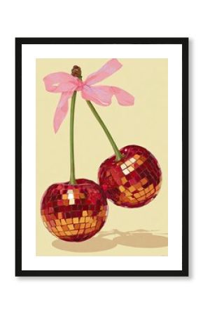 Disco Cherries Tied with Pink Ribbon, Pop Art Style, Retro Background,  Greeting Card