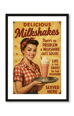 Smiling waitress in red plaid shirt holding strawberry milkshake, vintage illustration style, on distressed background. Vintage tin sign, emblem badge patch with retro design and distressed look