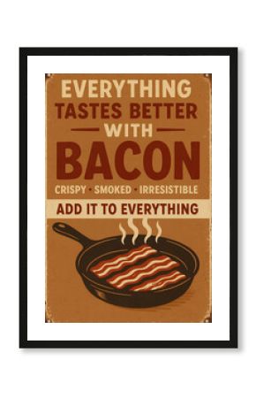 Retro bacon sign with frying pan and sizzling strips on vintage background, promoting delicious bacon flavor in all meals. Vintage tin sign, emblem badge patch with retro design and distressed look