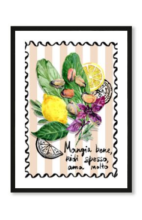 Poster or poster with Mussels and salad. Hand drawn poster illustration in Italian cuisine style. Wall painting decor. Illustration for invitations, menu design.