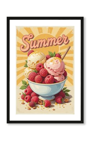 Vintage summer poster with ice cream, raspberries and gold flakes. Sunny background and joyful atmosphere.