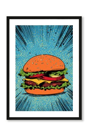 Pop art hamburger. Colorful radial background in pop art retro comic style.