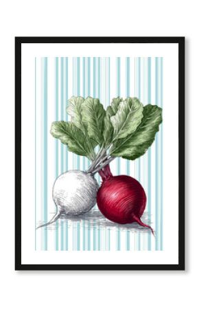 Retro hand-drawn illustration of red and white beetroot with green leaves on blue striped background.