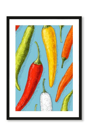 Colorful chili peppers on blue background.