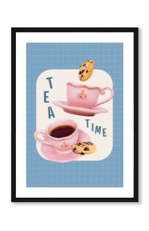 Trend artwork banner sketch photo collage of poster tea time retro vintage style kitchenware hot drink rest flavor break cookie chocolate
