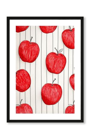 Red apples on white textured background with vertical black lines.