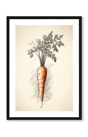 Vintage hand drawn illustration of a fresh carrot with leaves on beige background.