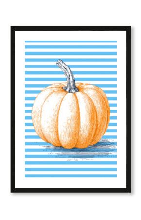 Hand drawn orange pumpkin on a blue striped background.