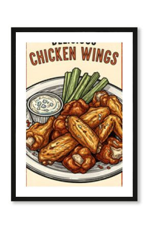 Serving of Crispy Chicken Wings with Celery and Dip Illustration