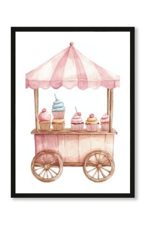 Watercolor cupcake cart with pink canopy for bakery and dessert illustration