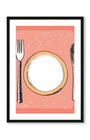 Hand Drawn Dinner Plate Fork Knife Empty Place Setting