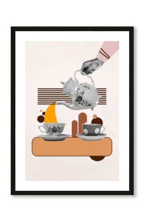 Template poster trend artwork 3D photo collage of hand hold teapot ceramic retro style dishware hot tea pause tasty flavor cafe break