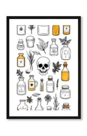 Vintage Alchemy Bottles and Herbs Illustration.