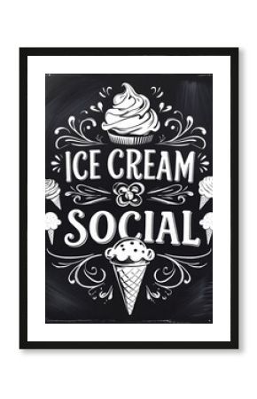 Ice Cream Social Chalkboard Art with Swirls and Cones on Black Background