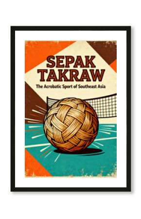 Sepak Takraw ball poster in retro orange teal colors
