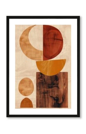 Abstract geometric composition featuring various wood grain textures and earthy tones arranged in a balanced, visually appealing manner