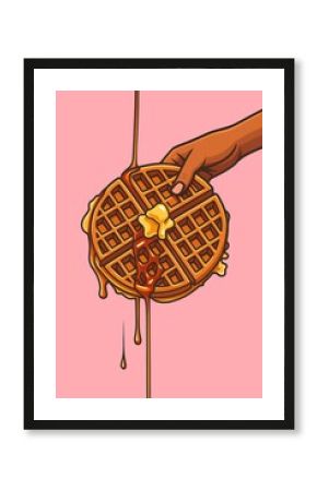 Pop art illustration of a hand holding a waffle dripping with syrup and melting butter on pink background.